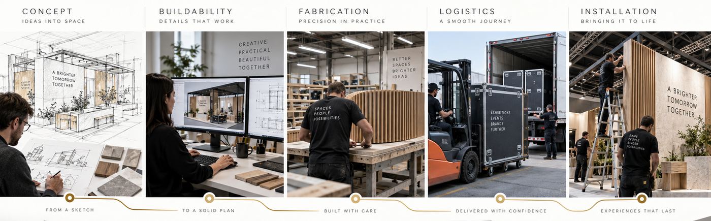Five-stage process diagram: Concept, Buildability, Fabrication, Logistics, Installation