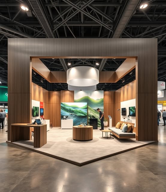 Warm timber brand environment with integrated lighting and meeting areas