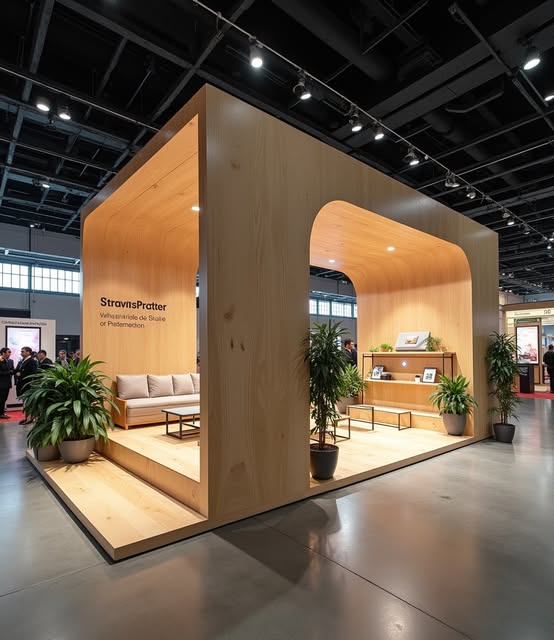 Curved timber exhibition architecture with integrated seating