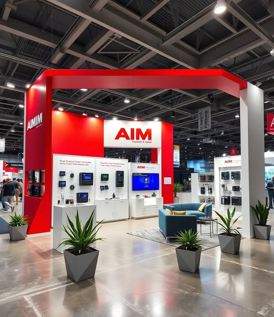 Red exhibition frame surrounding product displays and a visitor seating area