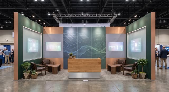 Green and timber exhibition environment with two coordinated meeting areas