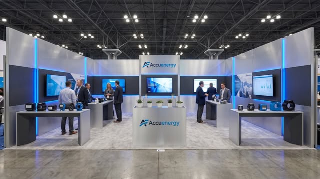 Accuenergy exhibition environment with demonstration counters and integrated screens