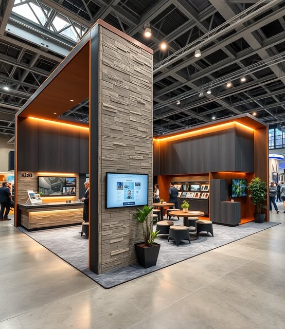 Stone-textured architectural column with warm lighting and an open exhibition lounge