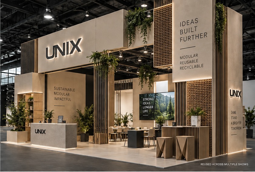 Modular exhibition stand concept with reusable structure and recyclable material cues